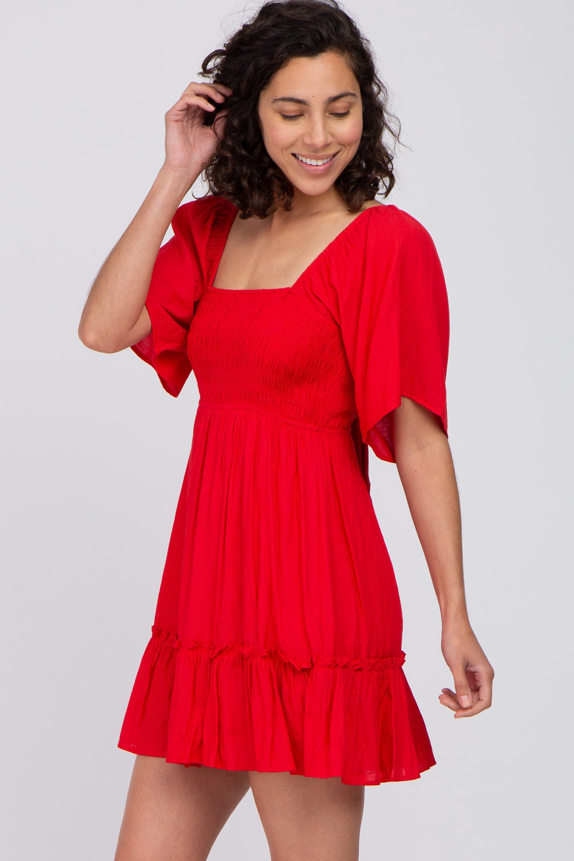 Red Smocked Tie Back Mini Dress