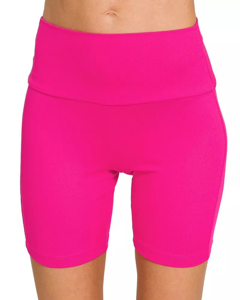 Hot pink athletic shorts on a white background