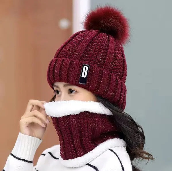 Women's Burgundy Winter Beanie Hat and Scarf Set Fleece Lined - Image 2