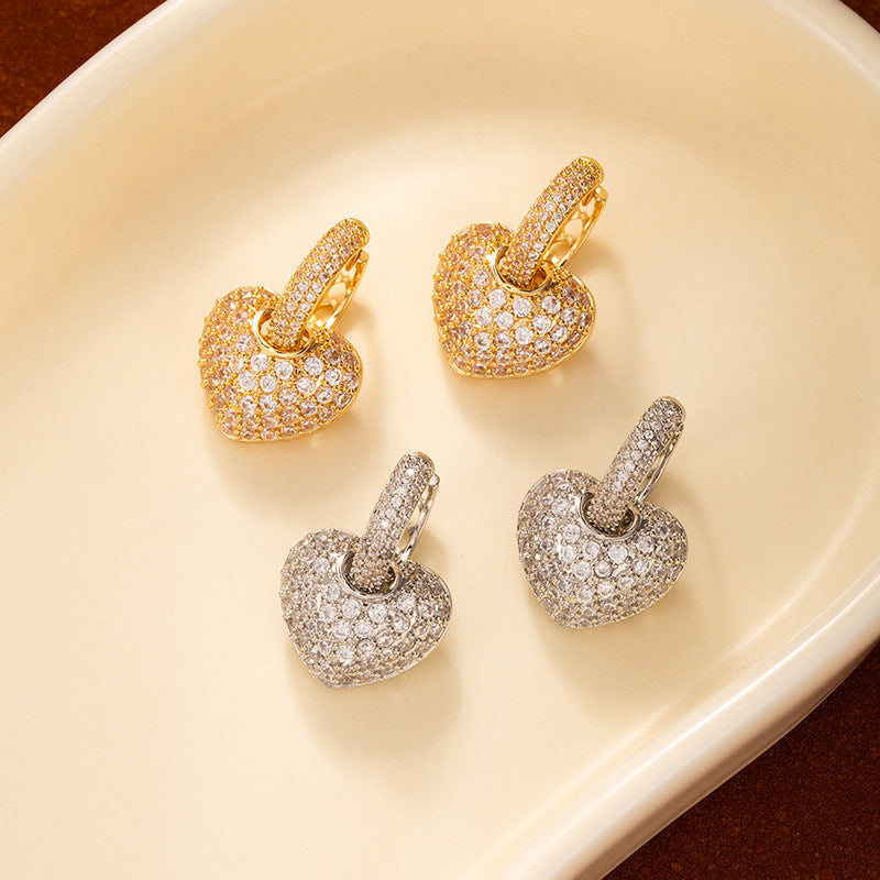 Elegant Heart-Shaped Pave Zircon Statement Earrings in Gold
