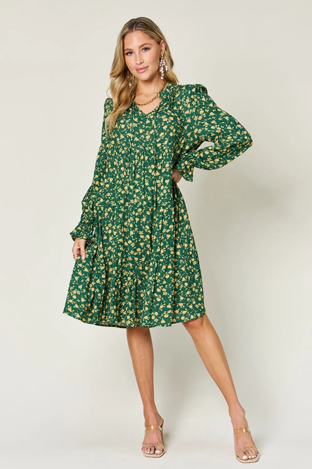 Printed Ruffle Hem Long Sleeve Tiered Midi Dress