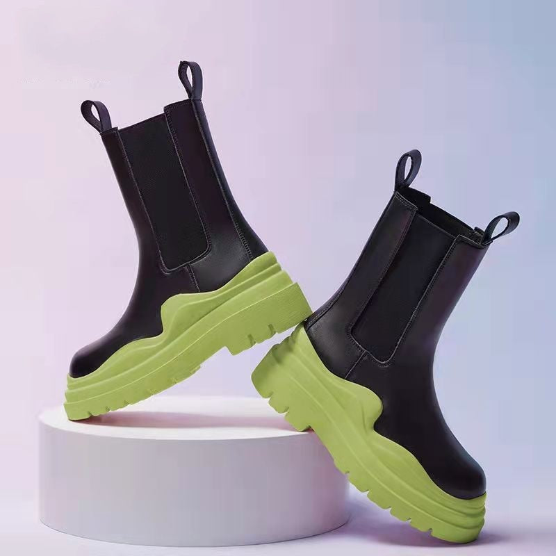 Women's Mid-Calf Chelsea Boots with Chunky Neon Green Sole - Image 3