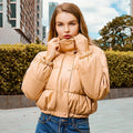 Women's Cropped Puffer Jacket with Standing Collar & Faux Leather Look - Image 4