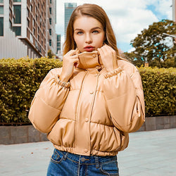 Women's Cropped Puffer Jacket with Standing Collar & Faux Leather Look - Image 4