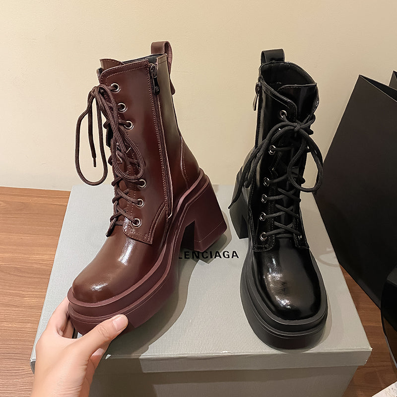 Chunky Platform Lace-Up Boots for Women in Black & Burgundy - Image 5