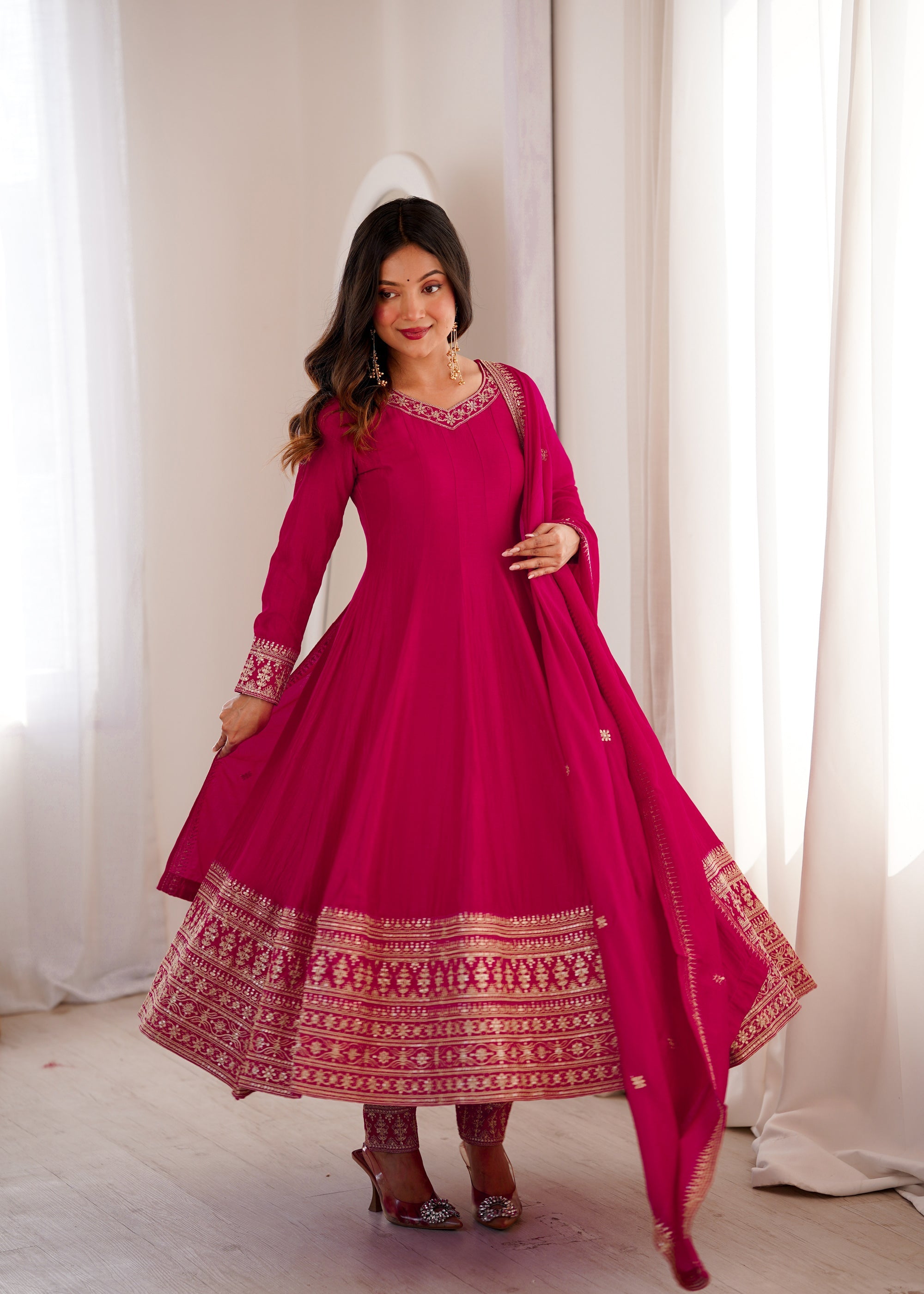 Ranipink Vichitra Silk Anarkali Gown with Embroidery and Dupatta