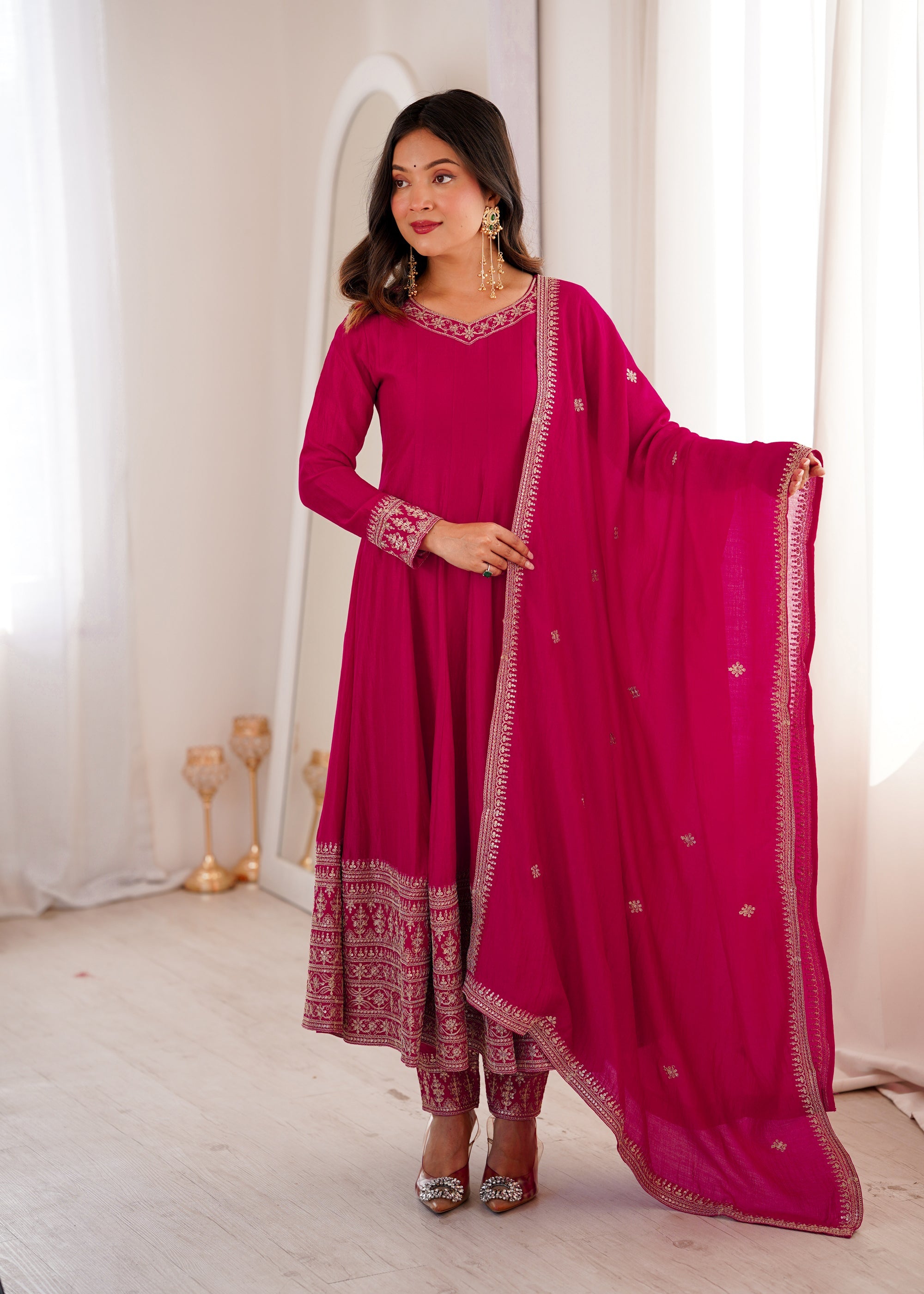 Ranipink Vichitra Silk Anarkali Gown with Embroidery and Dupatta