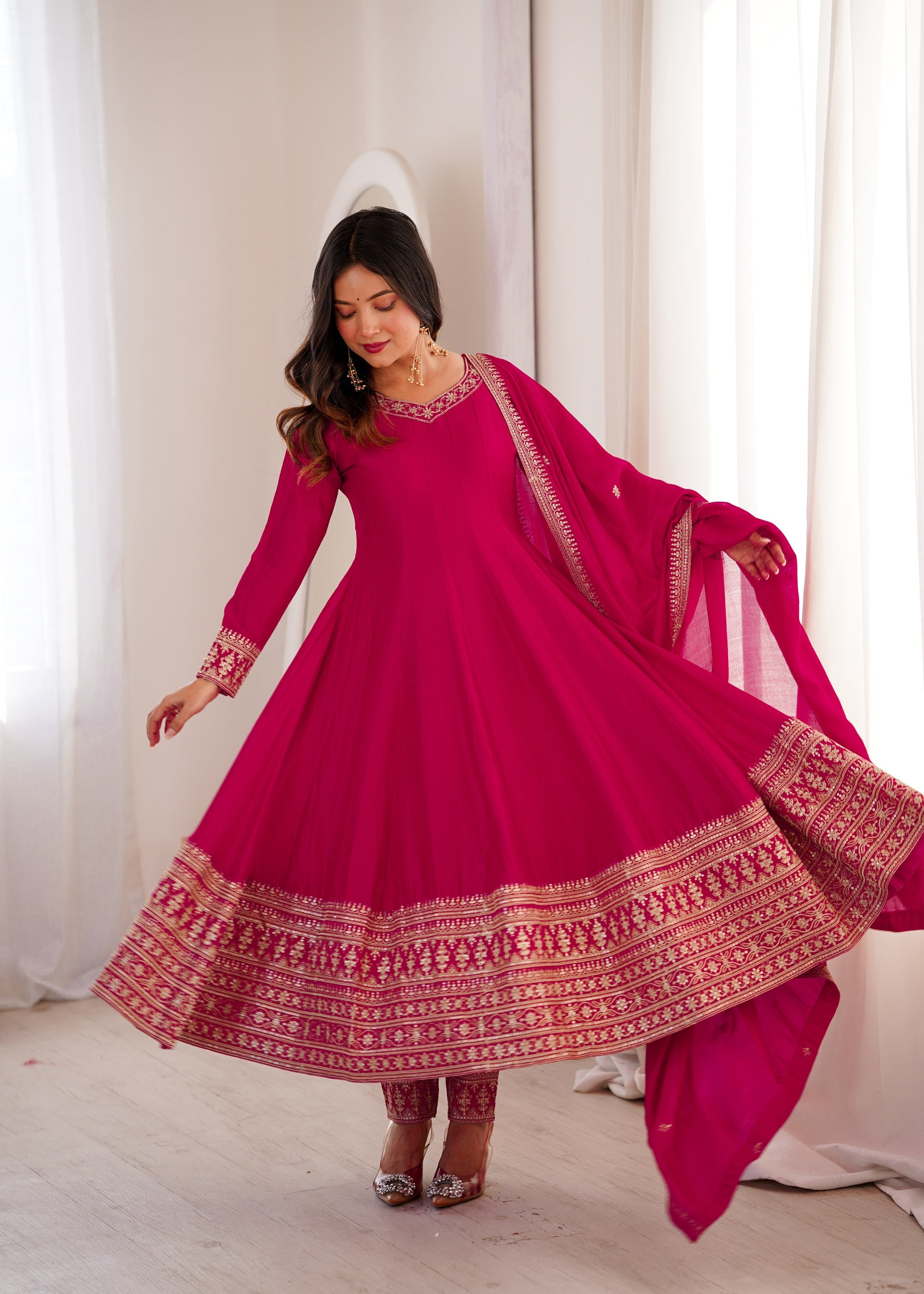 Ranipink Vichitra Silk Anarkali Gown with Embroidery and Dupatta