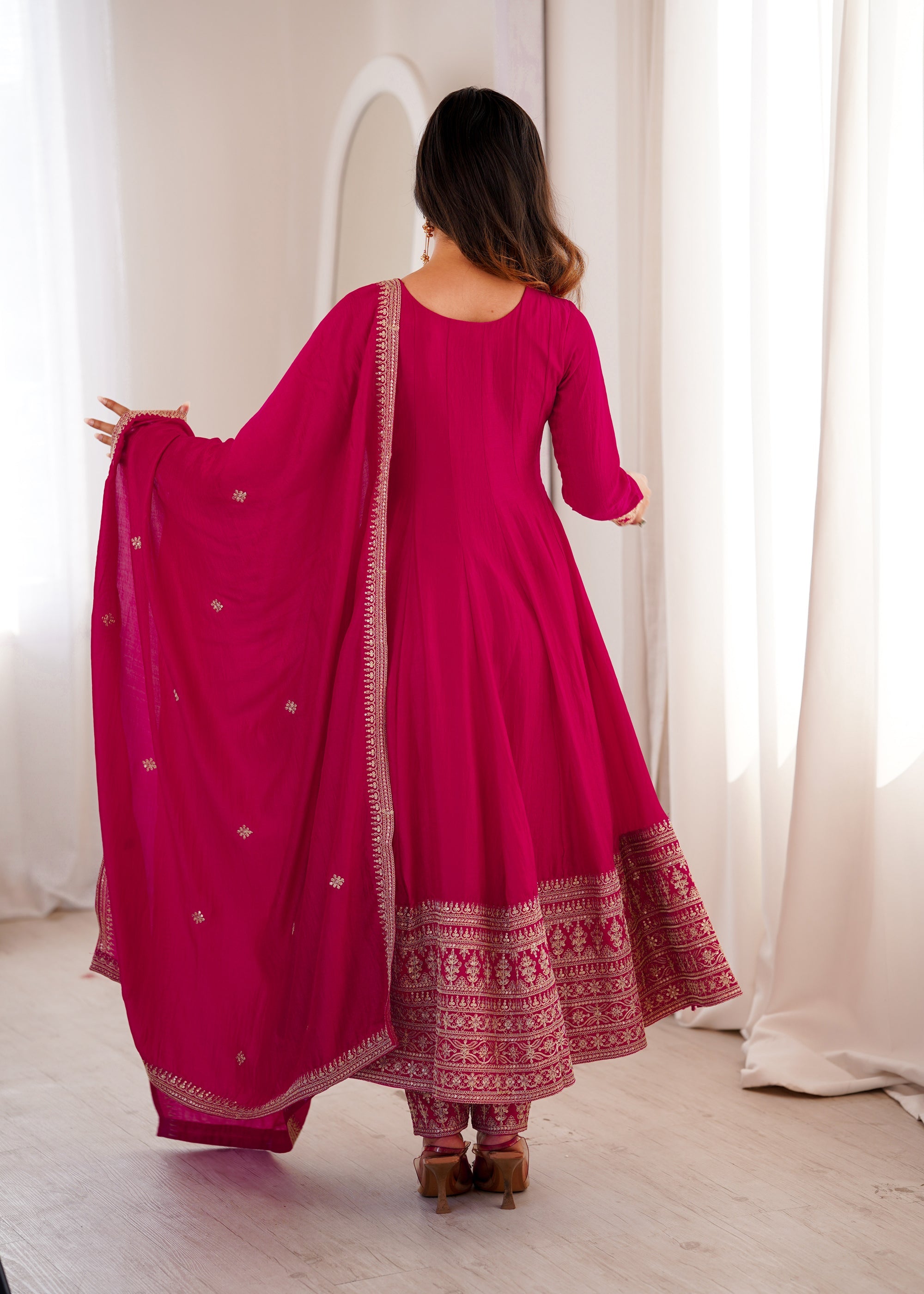 Ranipink Vichitra Silk Anarkali Gown with Embroidery and Dupatta