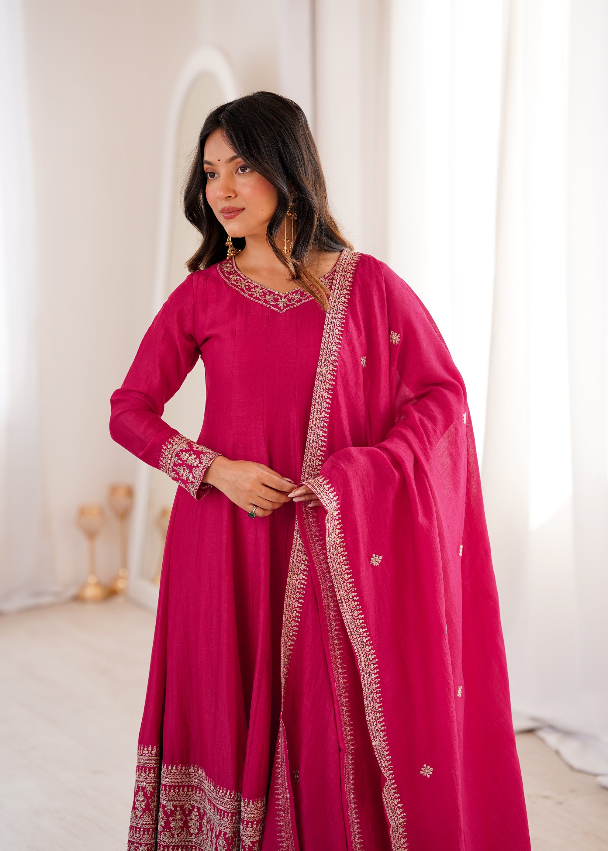 Ranipink Vichitra Silk Anarkali Gown with Embroidery and Dupatta