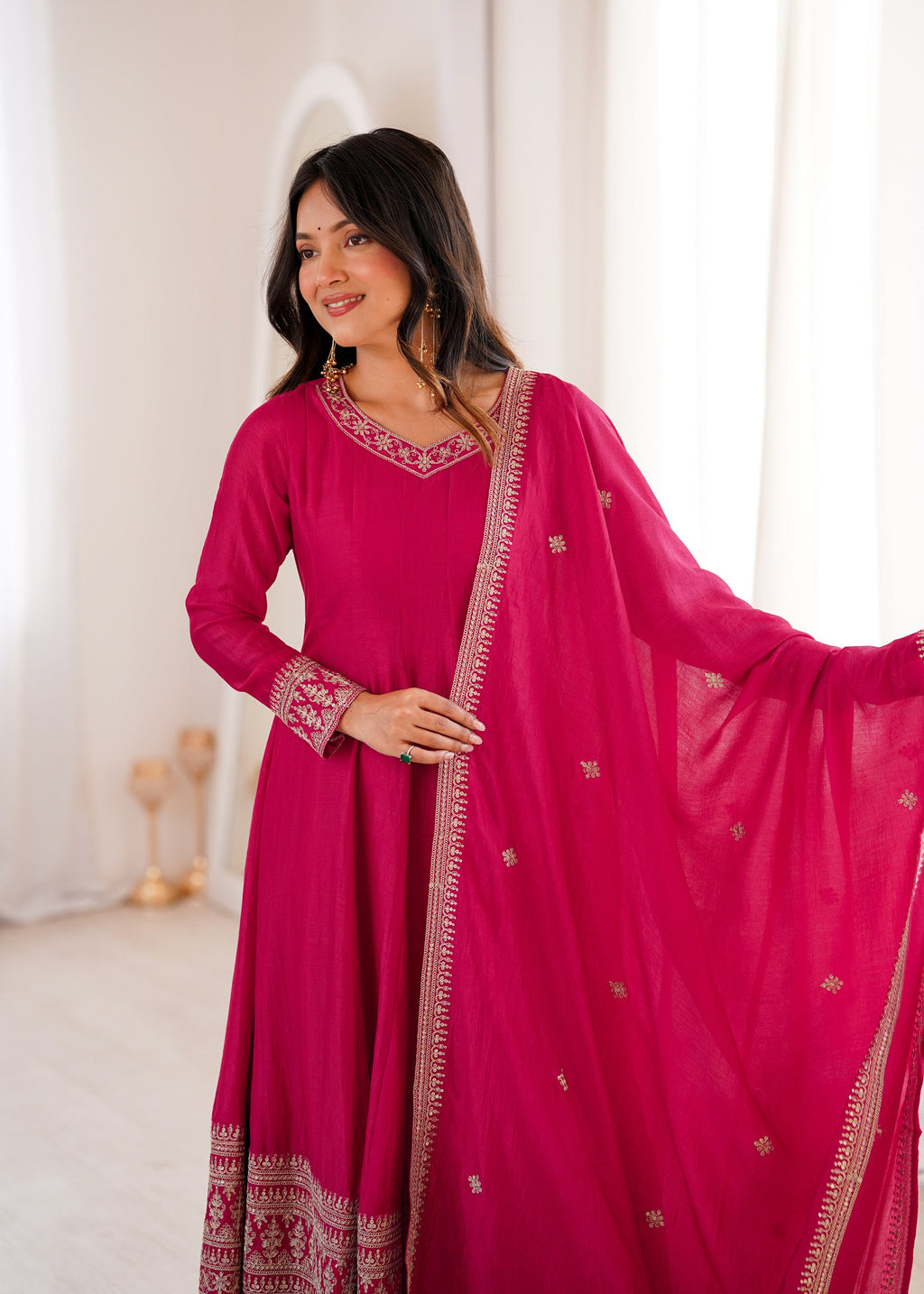 Ranipink Vichitra Silk Anarkali Gown with Embroidery and Dupatta
