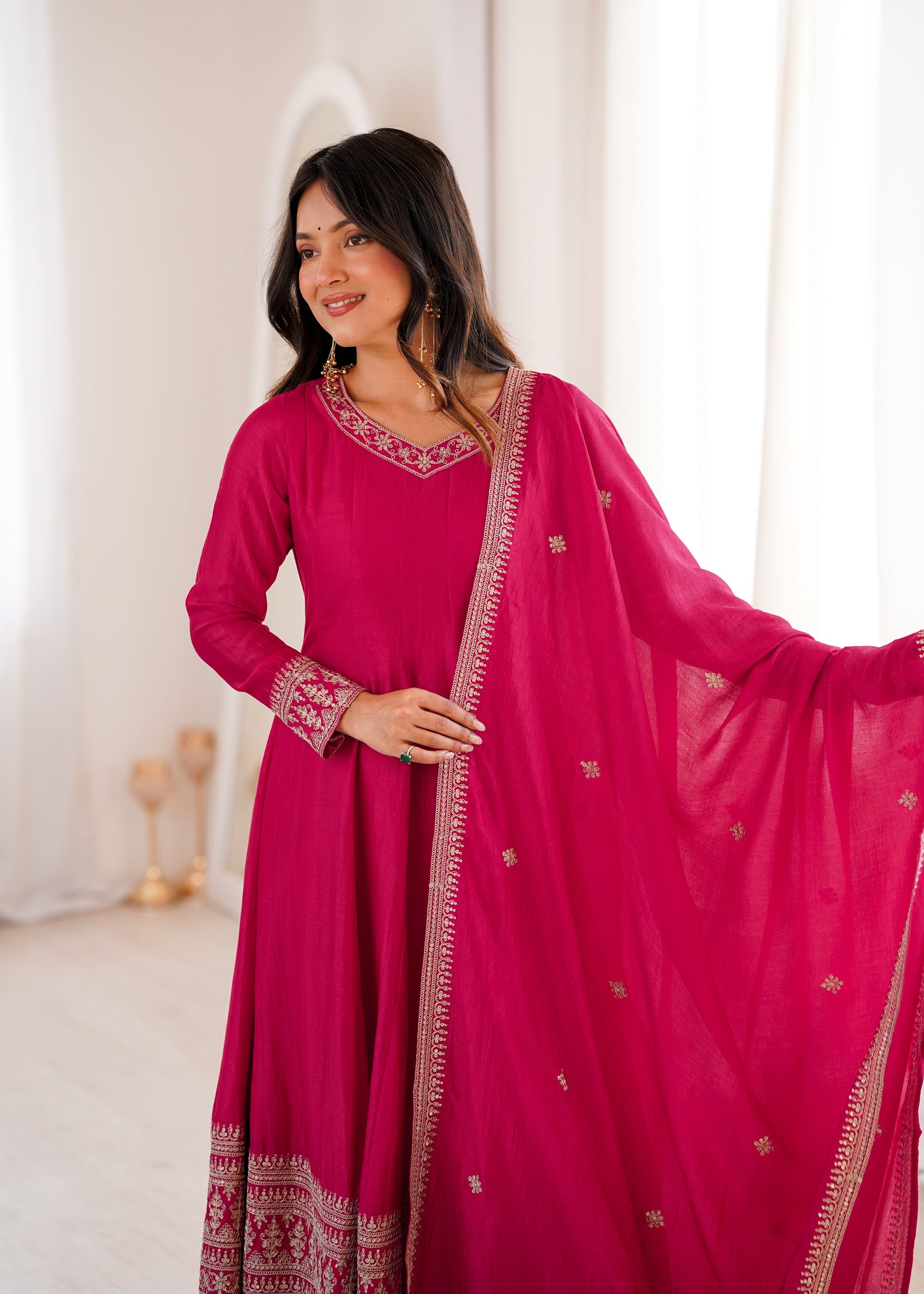 Ranipink Vichitra Silk Anarkali Gown with Embroidery and Dupatta