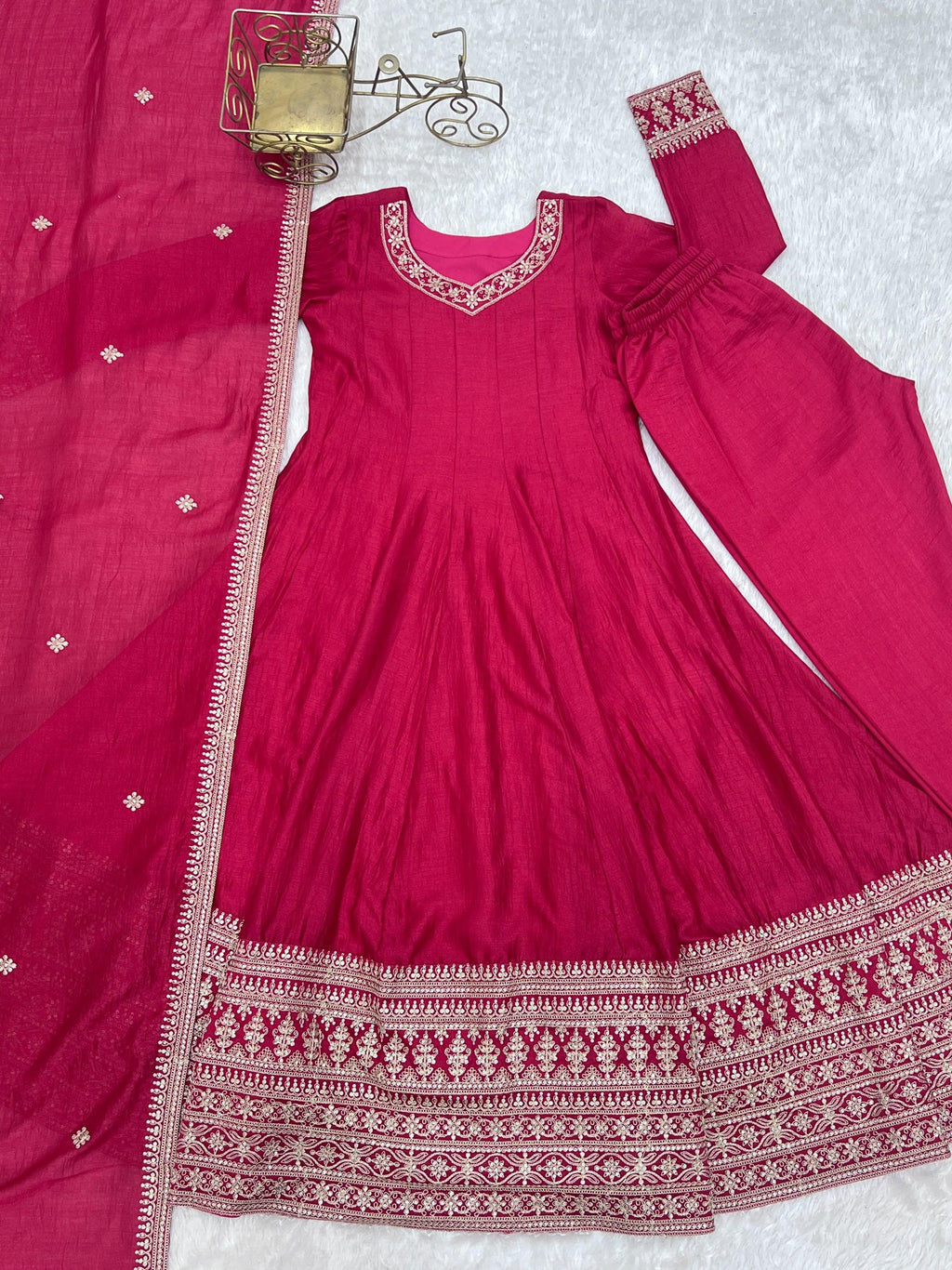Ranipink Vichitra Silk Anarkali Gown with Embroidery and Dupatta