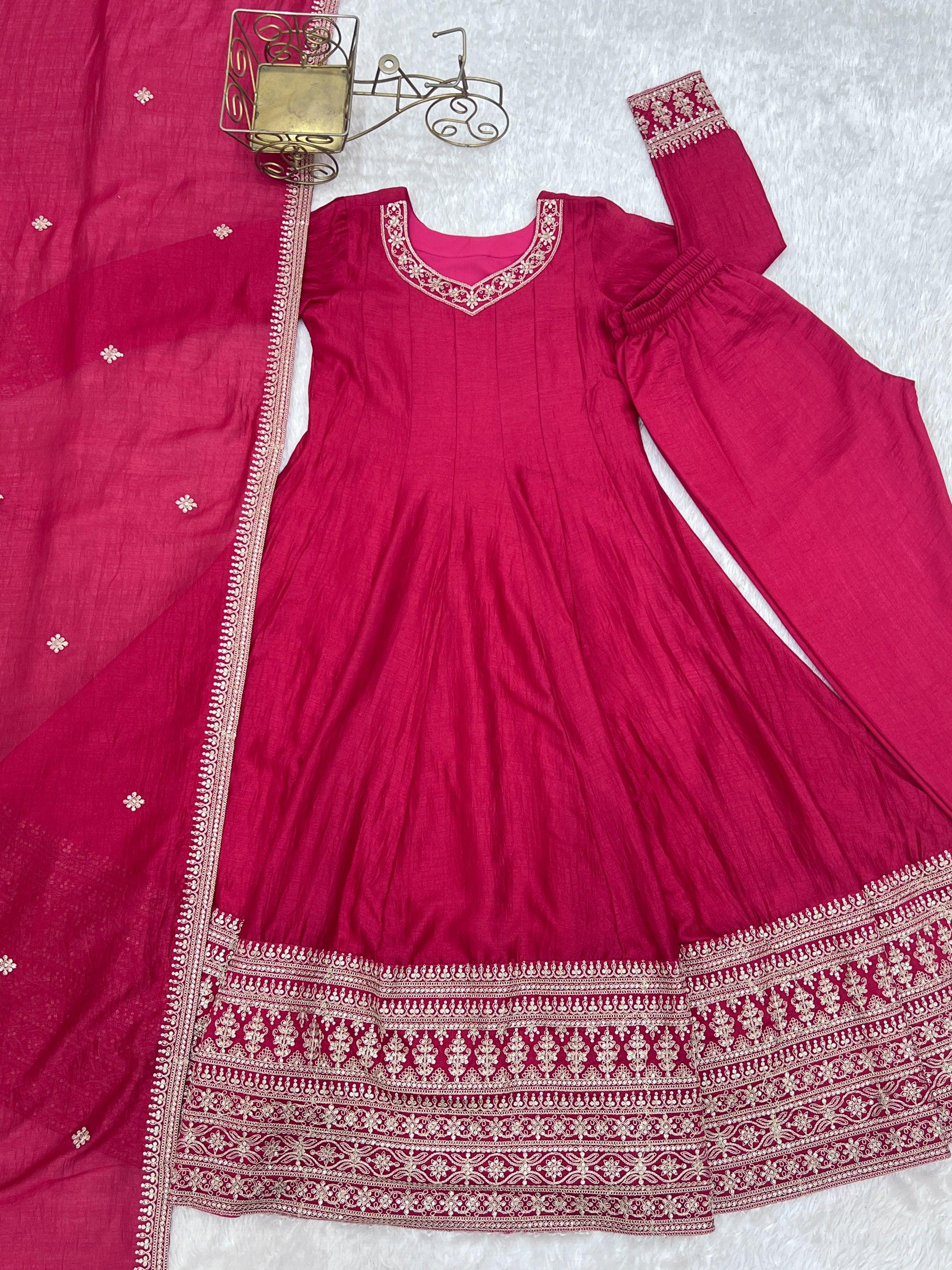 Ranipink Vichitra Silk Anarkali Gown with Embroidery and Dupatta