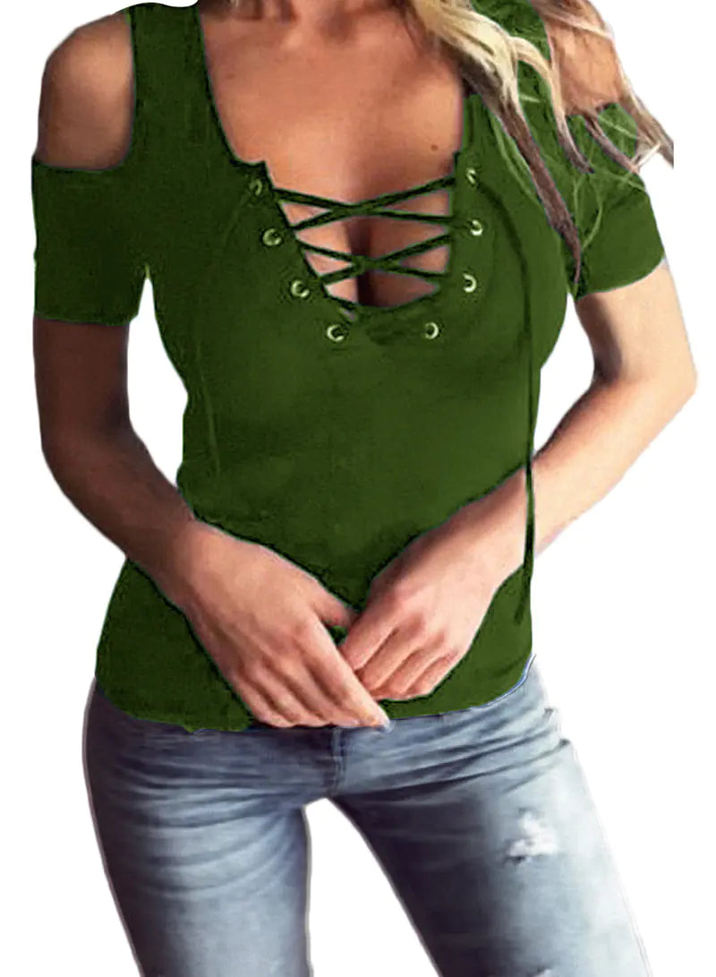 Women's Black Off-Shoulder Short Sleeve Lace Up Front Top - Image 13