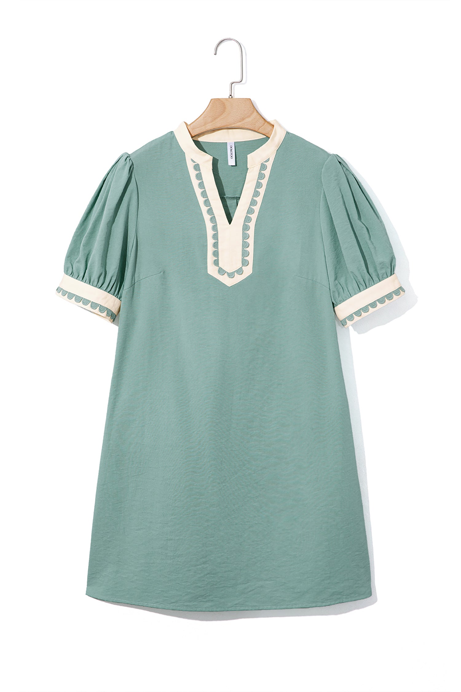 Canton Scallop Color Block Trim Puff Sleeve Mini Dress