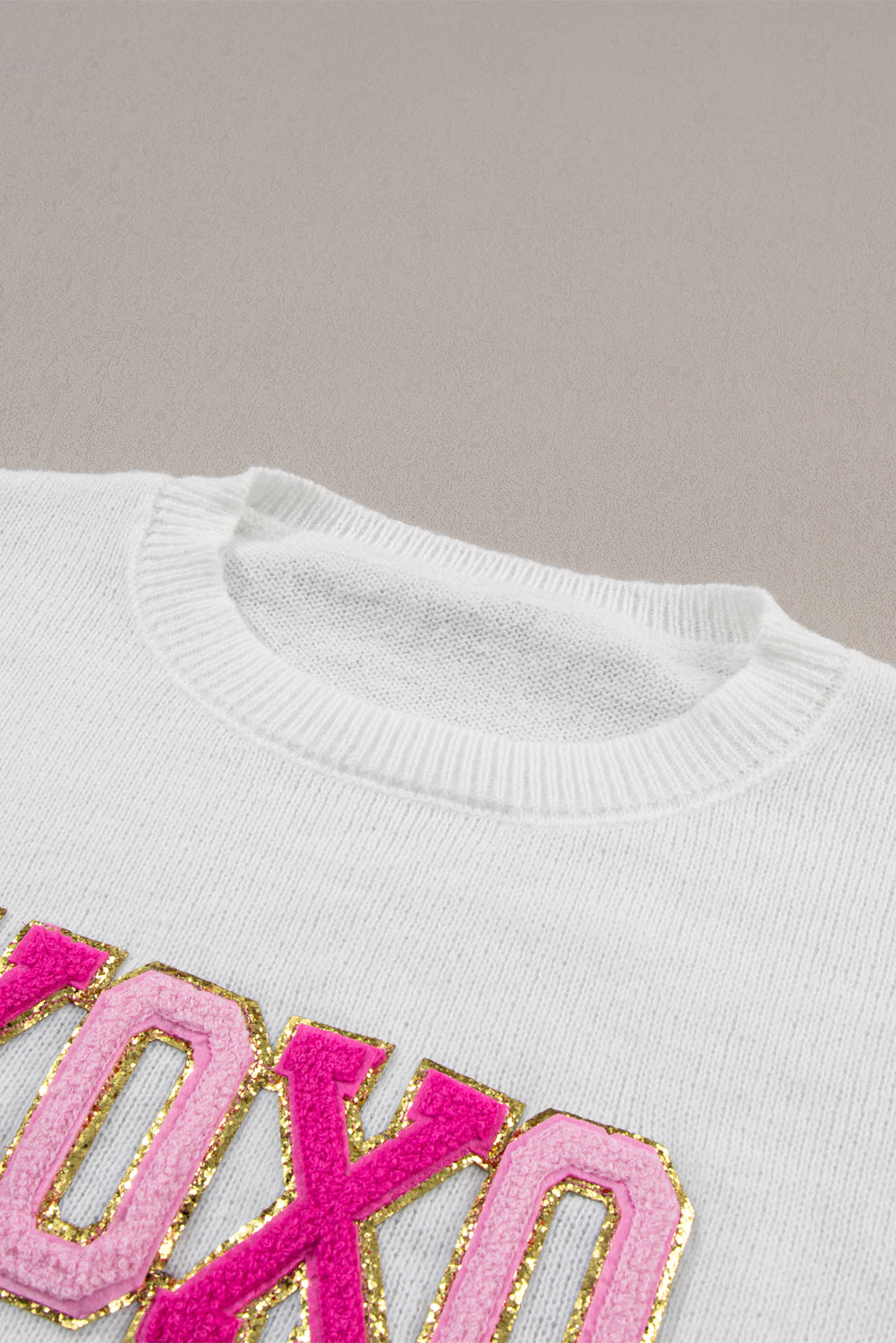 White XOXO Glitter Print Casual Knit Sweater