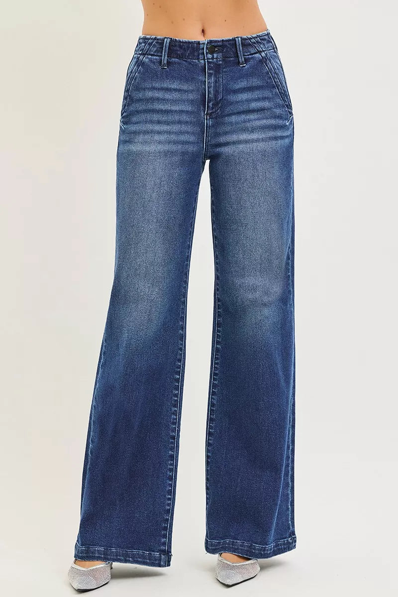 RISEN High Rise Wide Leg Slanted Pocket Jeans