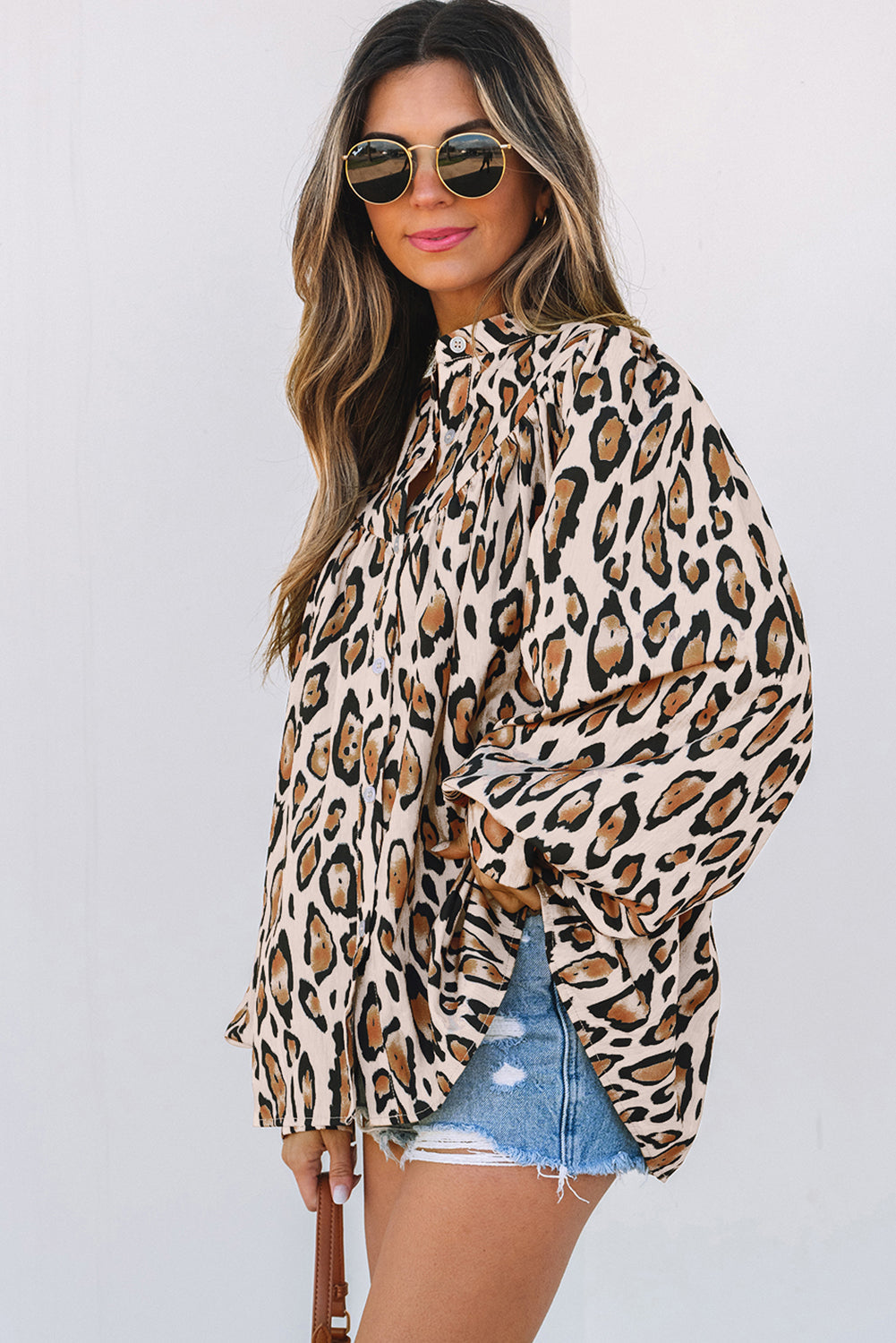 Oversized Leopard Print Balloon Sleeve Shirt | Polyester