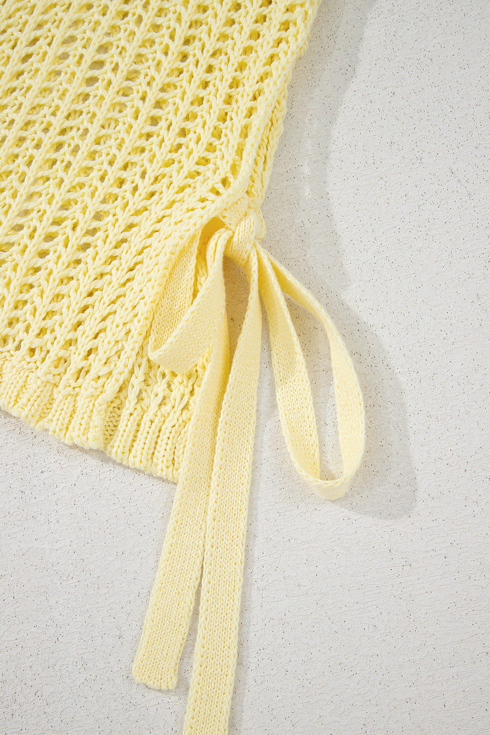 Yellow Hollow-out Crochet Short Sleeve Sweater with Side Ties