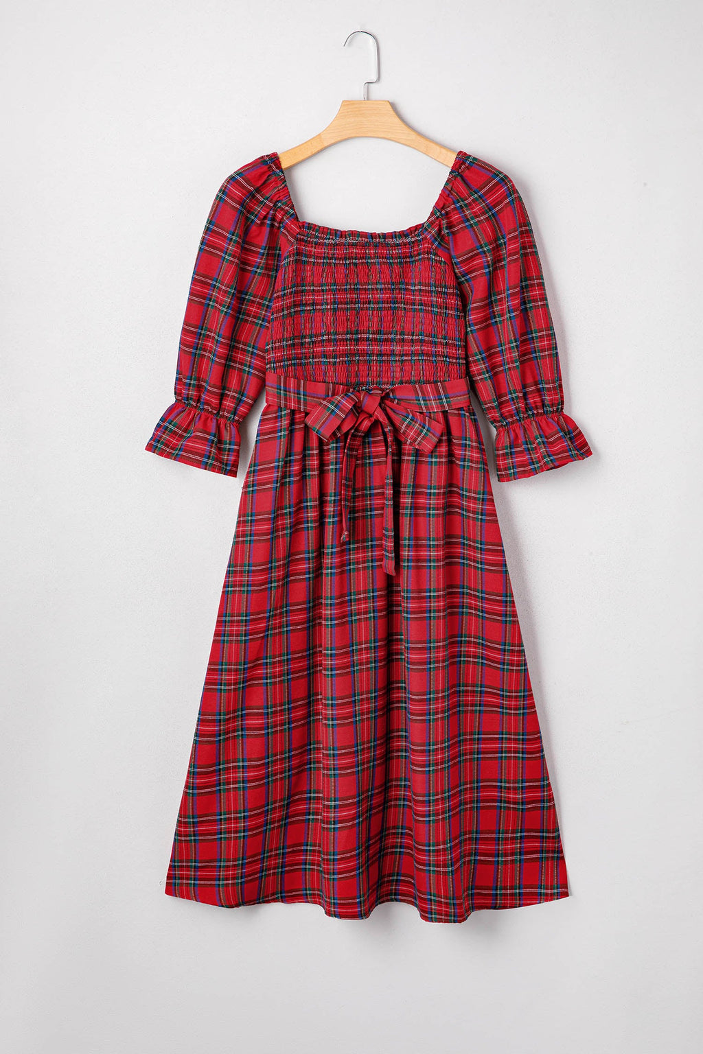 Plaid Square Neck Puff Sleeve Belted Midi Dress