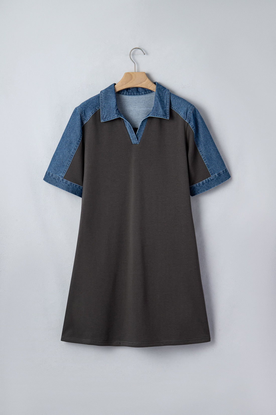 Colorblock Denim Patchwork Polo T-Shirt Dress in Charcoal Blue