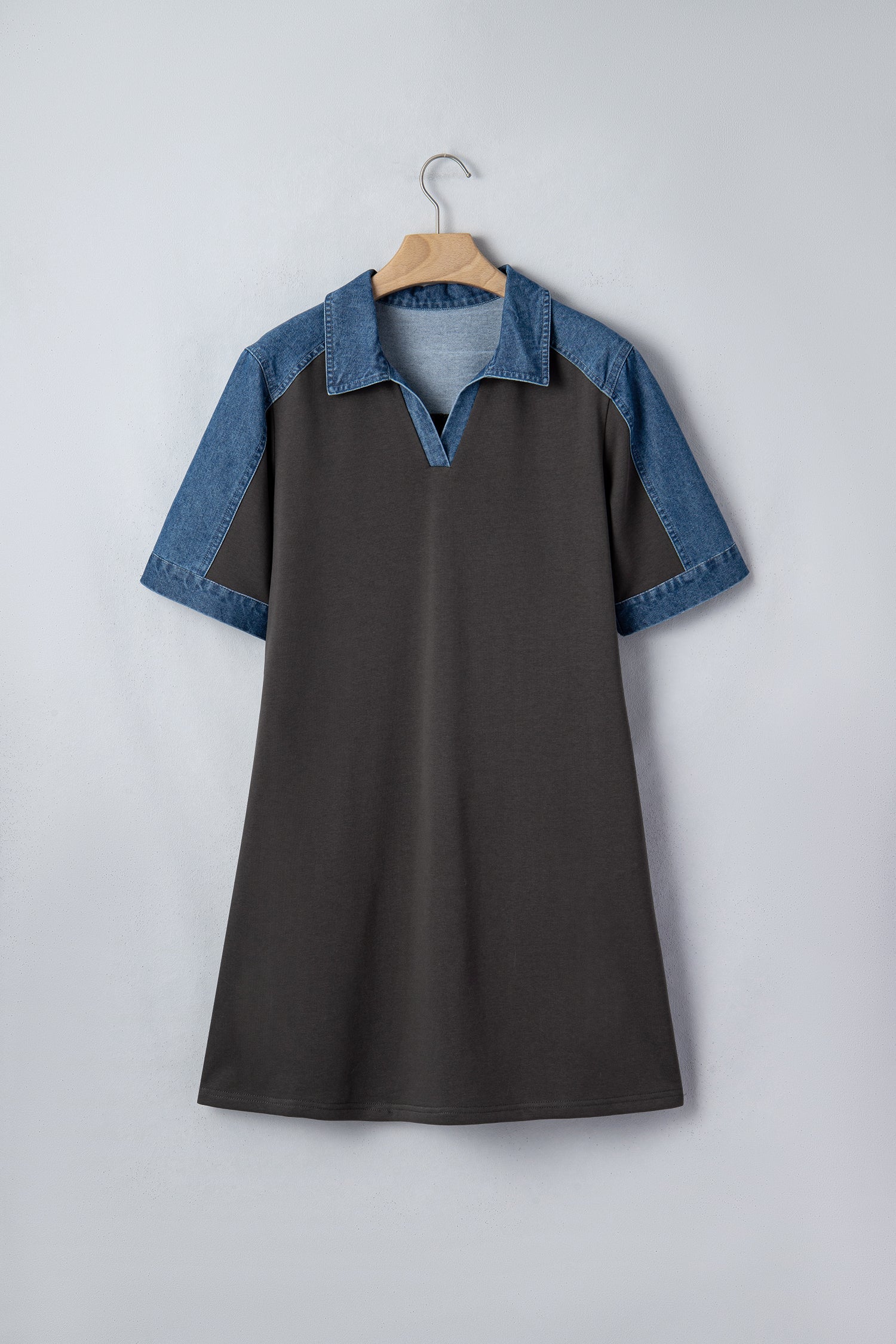 Colorblock Denim Patchwork Polo T-Shirt Dress in Charcoal Blue