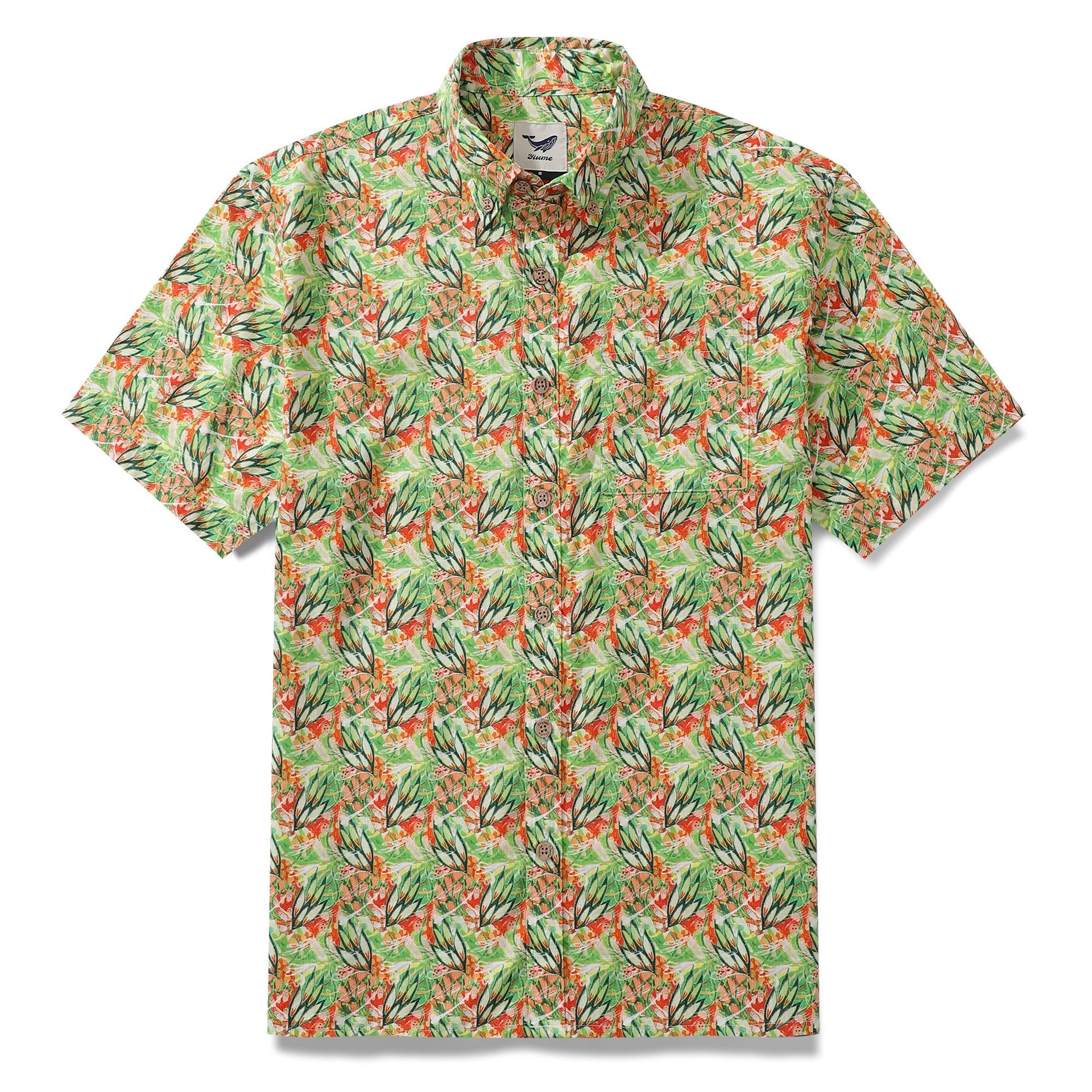 Men's cotton Hawaiian shirt in a vibrant green seaweed and ocean-inspired pattern with short sleeves.