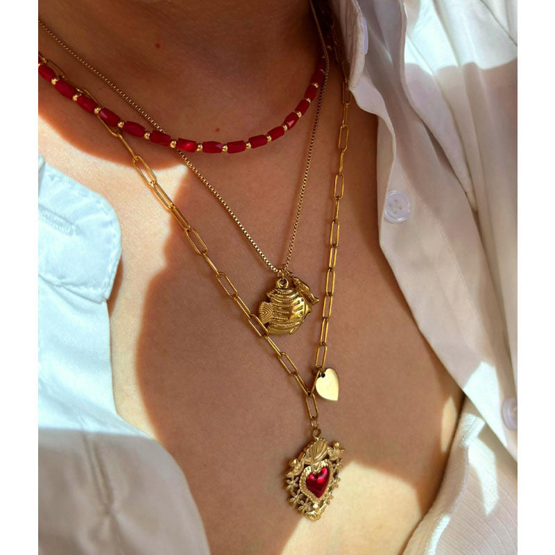 Stainless Steel Heart And Small Fish Enamel Red Bead Necklace
