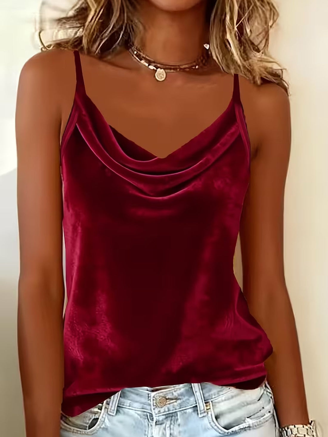Women's Sleeveless Cowl Neck Velvet Camisole Tank Top - Image 12