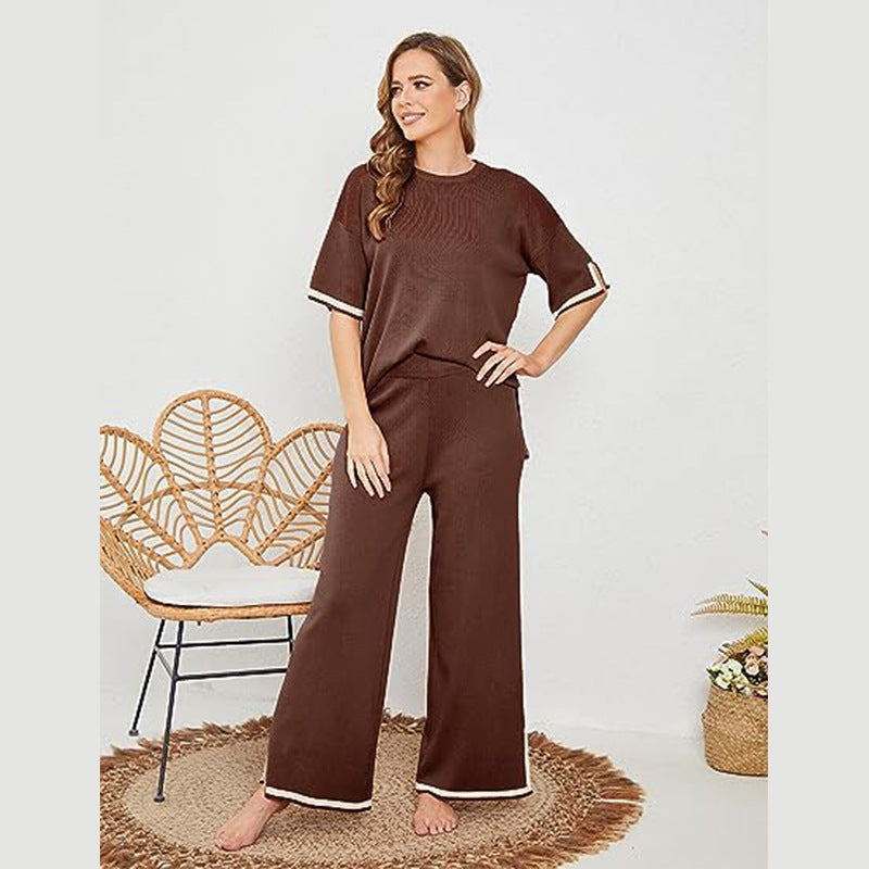 Women's Knit Three-Quarter Sleeve Pullover and Wide Leg Pants Set