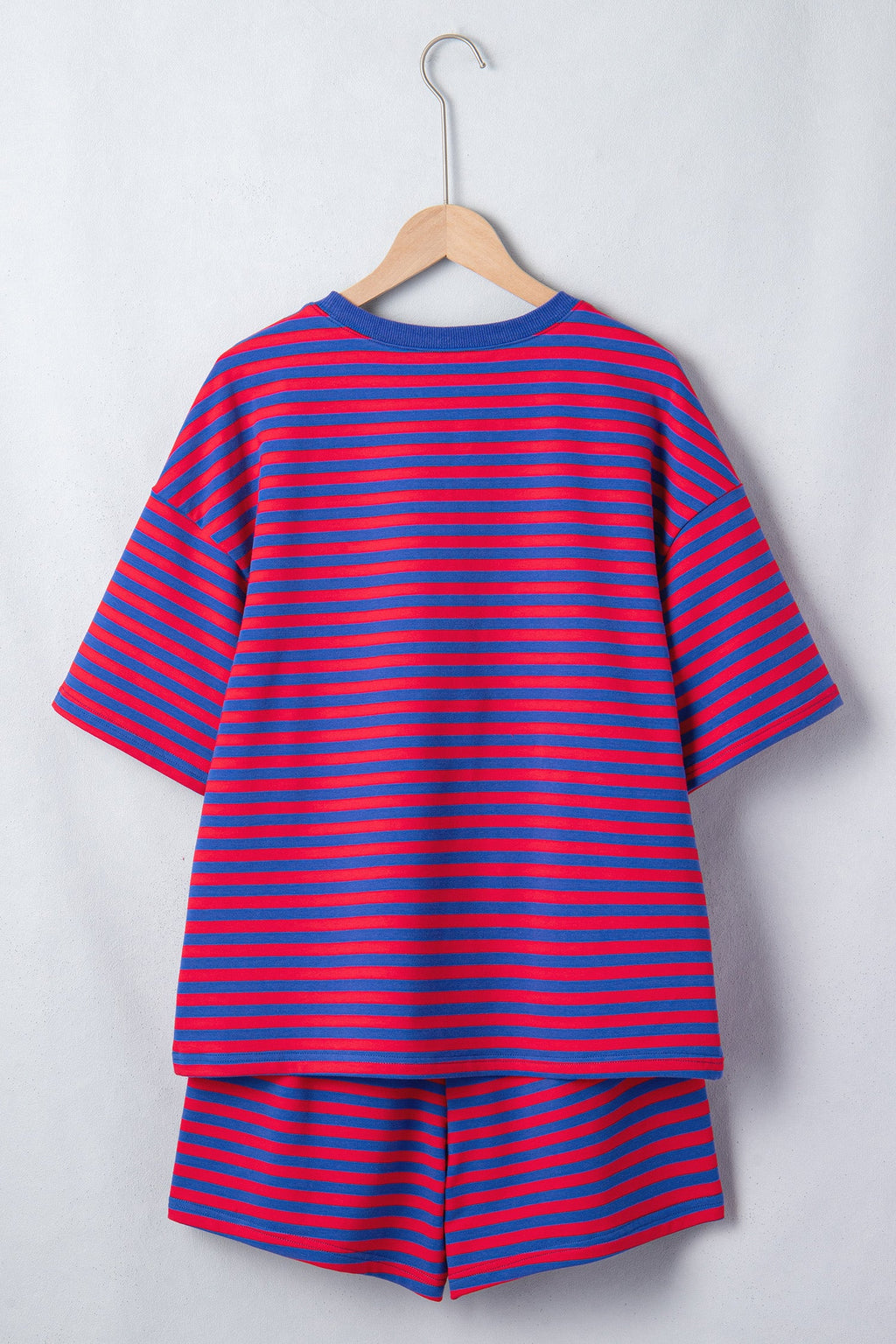 Red and Blue Striped Short Sleeve Top and High Waist Shorts Set - Image 3