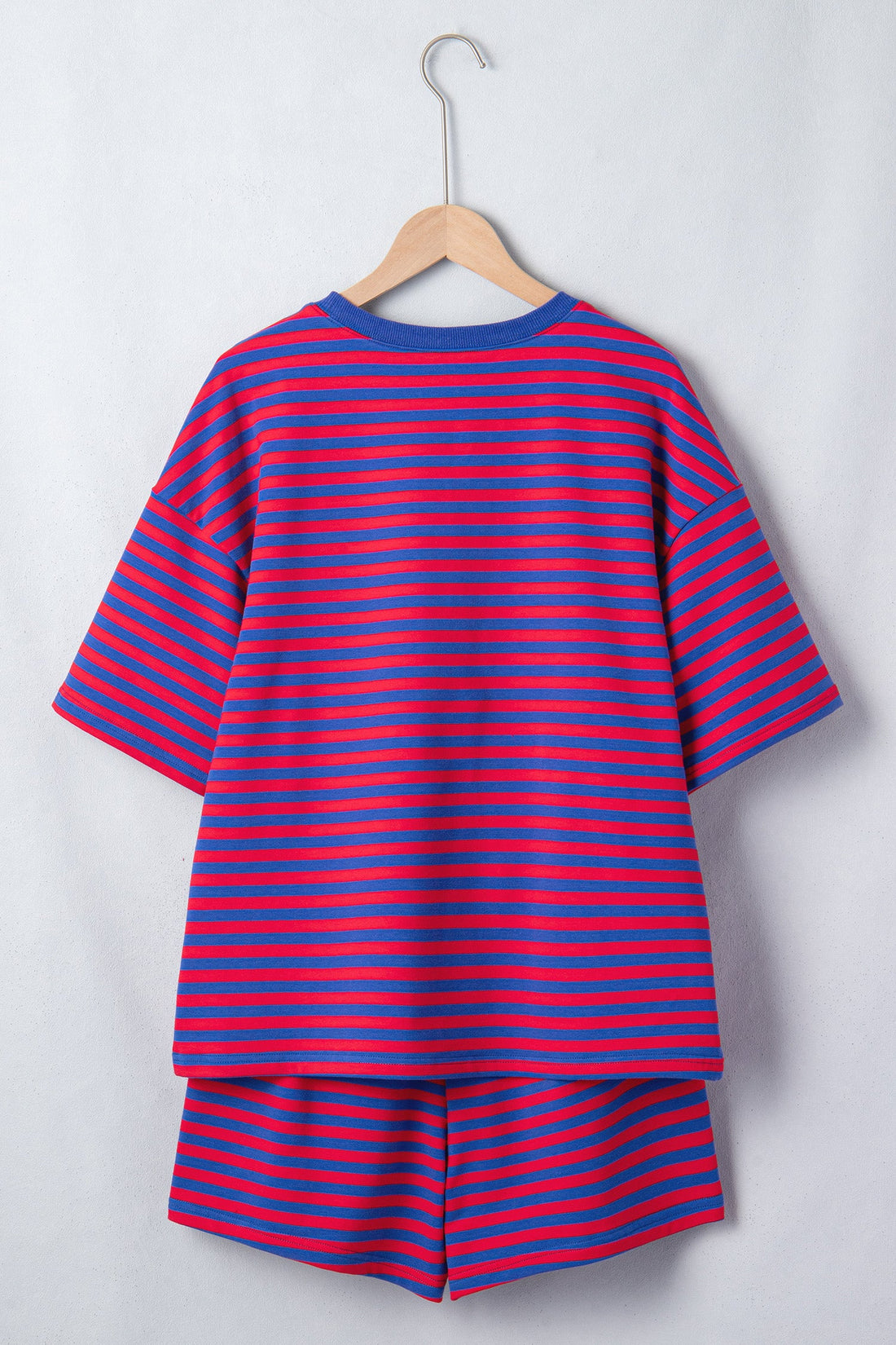 Red and Blue Striped Short Sleeve Top and High Waist Shorts Set - Image 3