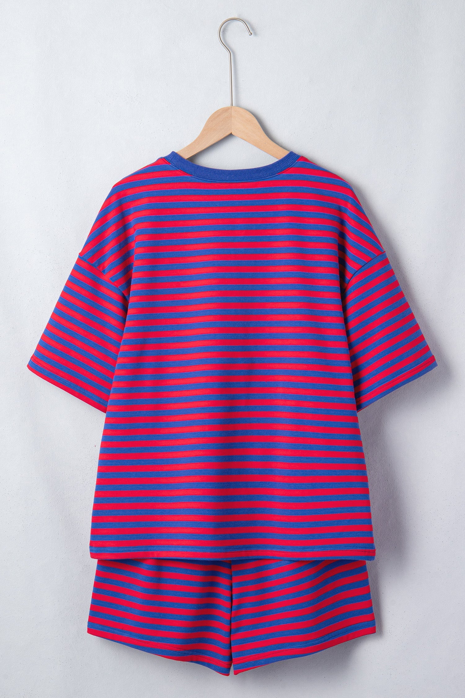 Red and Blue Striped Short Sleeve Top and High Waist Shorts Set - Image 3