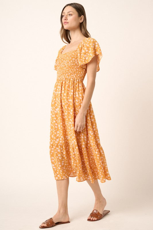 Flower Print Flutter Sleeve Smocked Midi Dress