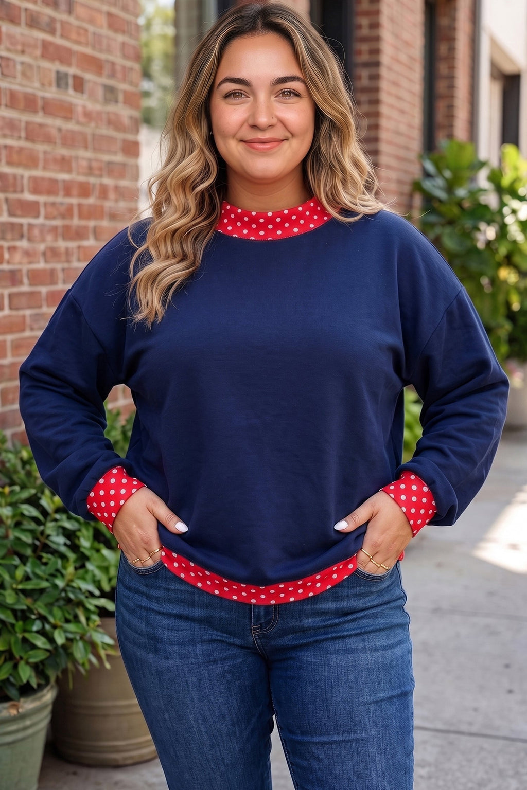 Racing Red Polka Dot Patchwork Round Neck Plus Size Sweatshirt