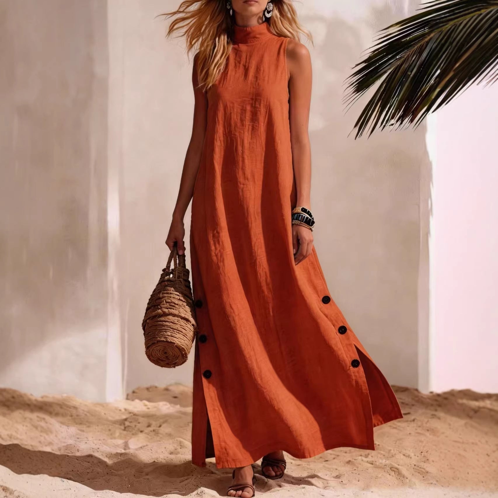 Cotton Linen Sleeveless Midi Dress with Side Slits – Loose Fit