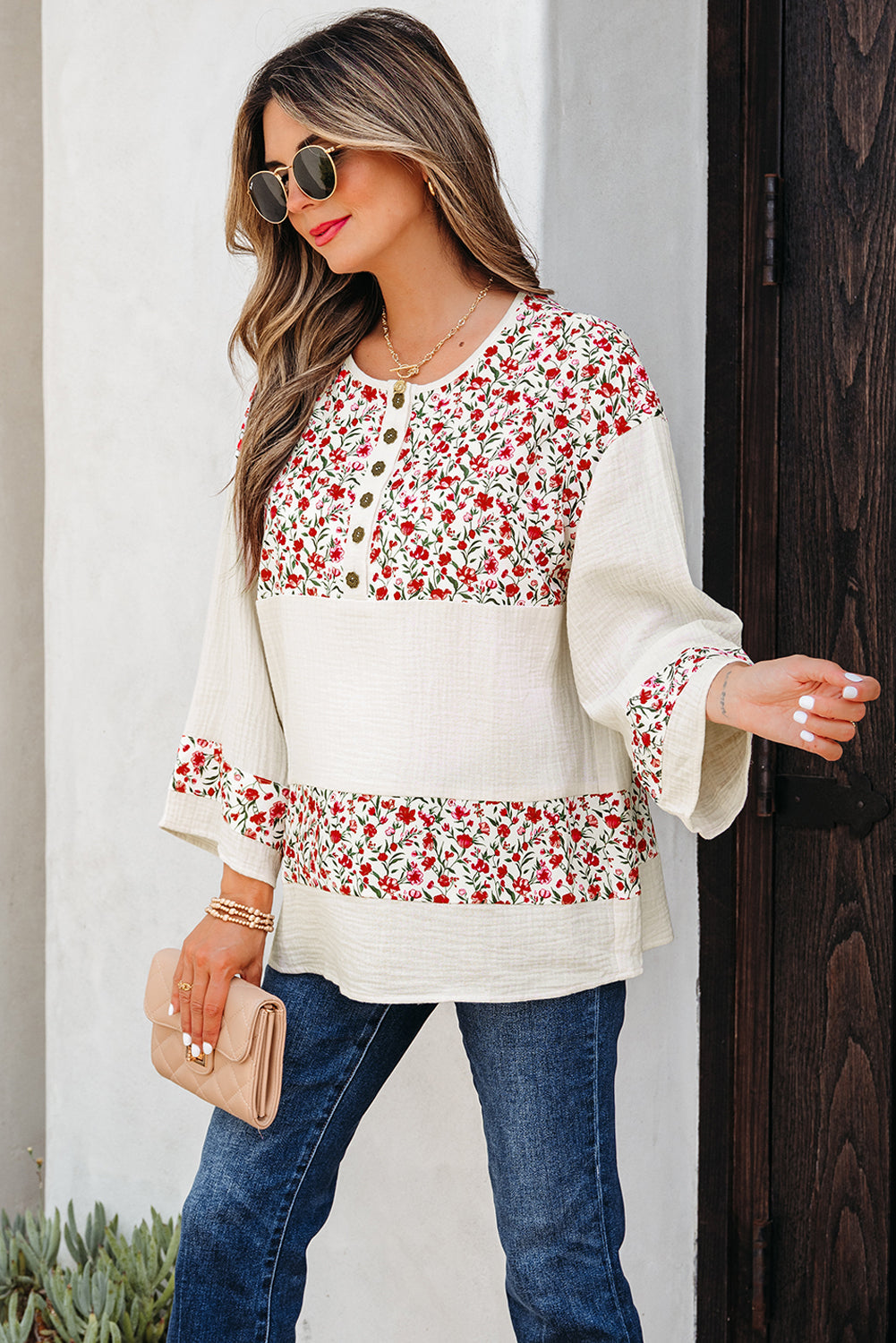 Floral Gauze Patchwork 3/4 Sleeve Blouse