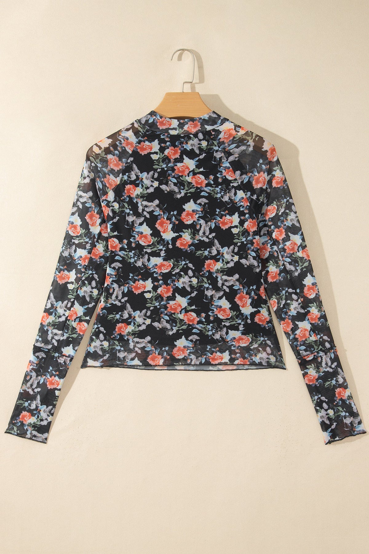 Floral Mesh Thumbhole Long Sleeve Mock Neck Top