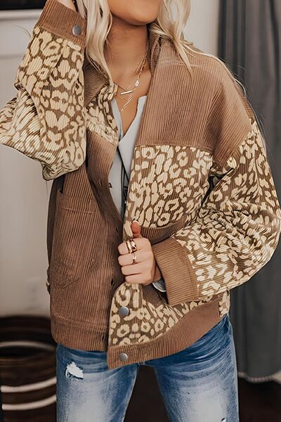 Women wearing a brown and beige leopard print drop shoulder button-up jacket