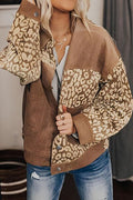 Women wearing a brown and beige leopard print drop shoulder button-up jacket
