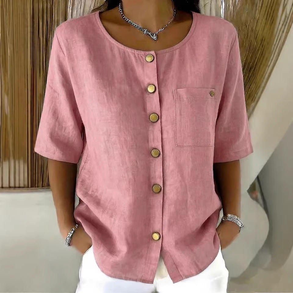 Crew Neck 3/4 Sleeve Blouse with Metal Buttons - Image 4