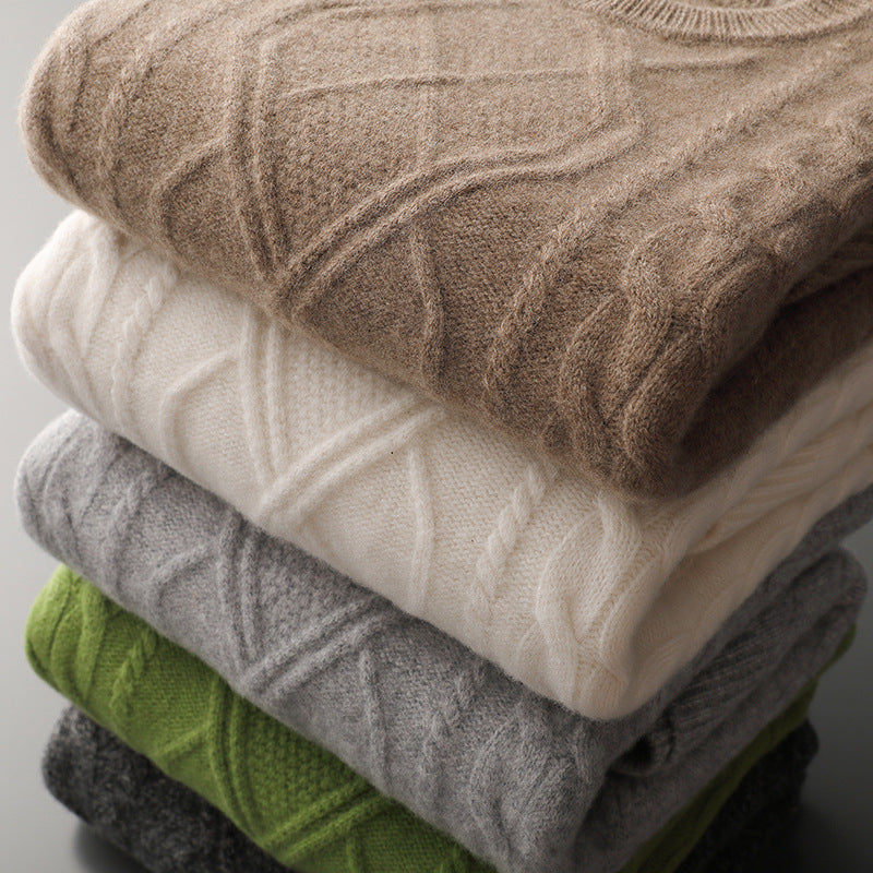 Men's Oversized Twist Knit Pullover Sweater - Round Neck Loose Fit