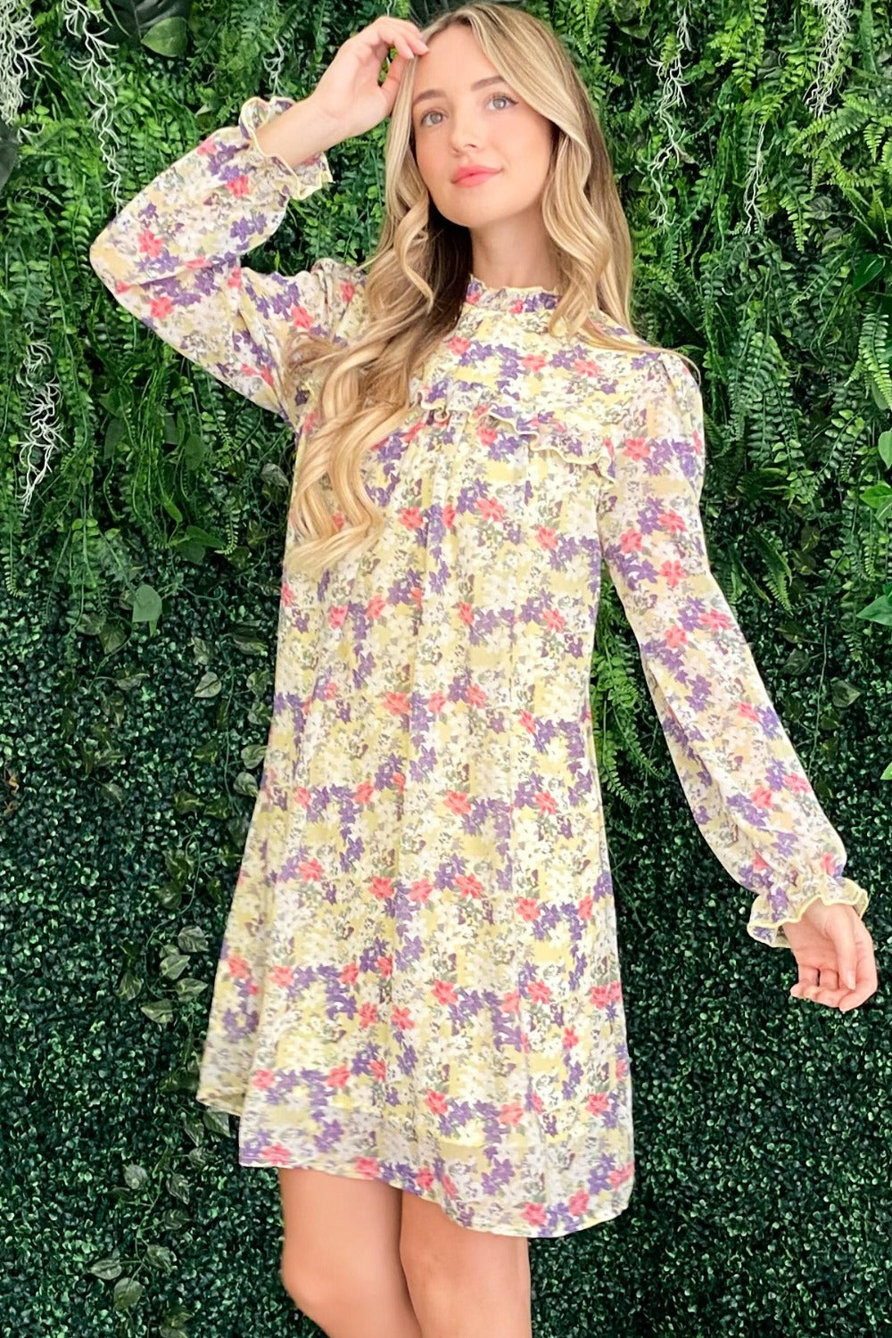 Floral Mock Neck Flounce Sleeve Summer Dress