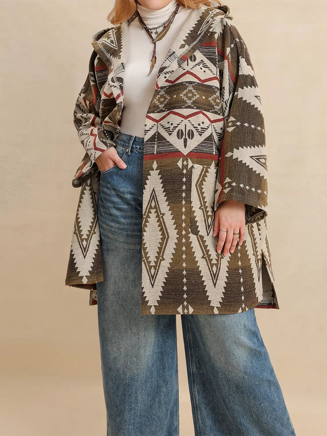 Aztec Print Hooded Open Front Cardigan with Pockets