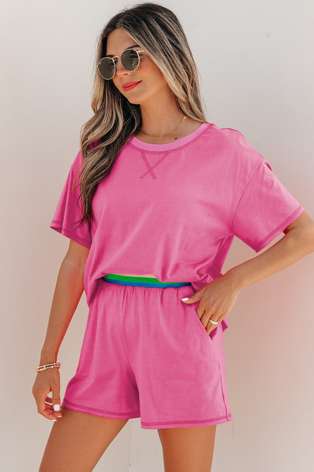 Solid Tee & Stipe Waistband Short Set