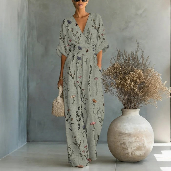 Women's V-Neck Floral Print Wide-Leg Jumpsuit with Cinched Waist - Image 3