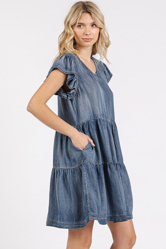 V-Neck Ruffled Cap Sleeve Mini Dress for Women