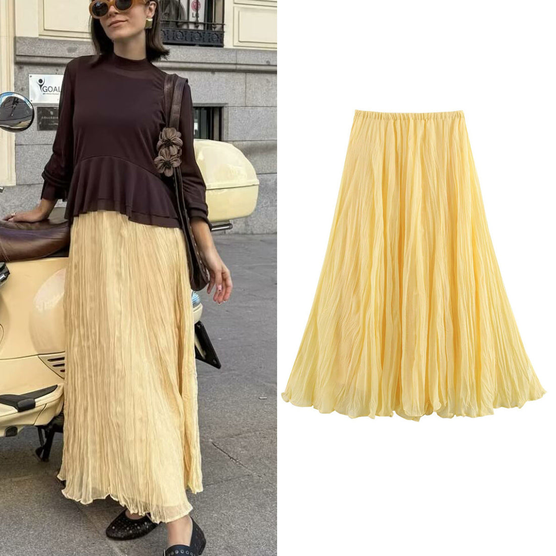 A woman wearing a Sunflower yellow Harajuku style pleated long skirt with an elastic waist, shown both on a model and in flat lay with Milky White and Pink color options.