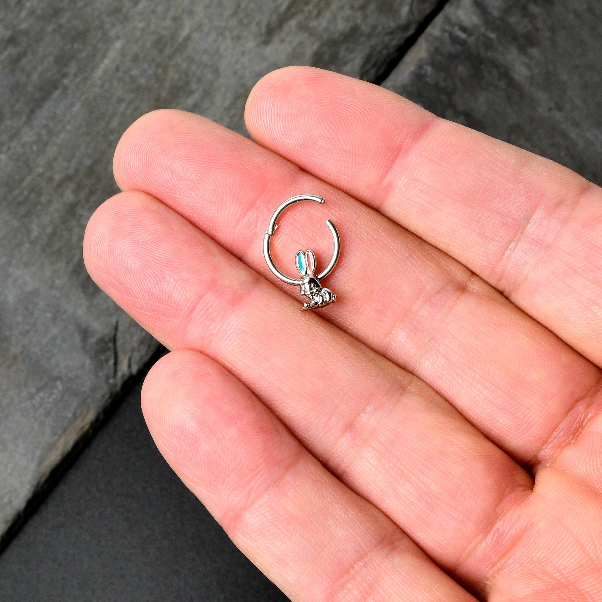 16G 3/8 Easter Bunny Red Blue Ears Hinged Segment Ring